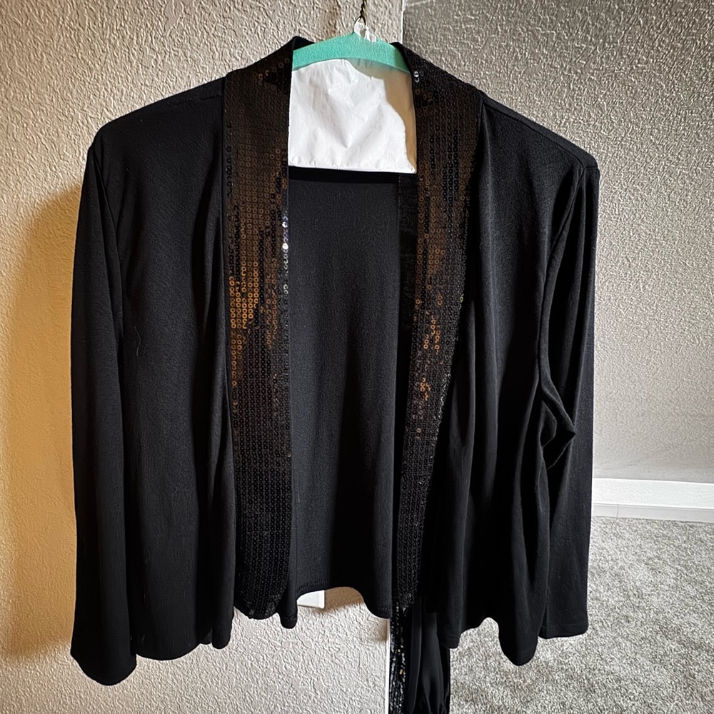 Black Sequin Trim Open Front Cardigan